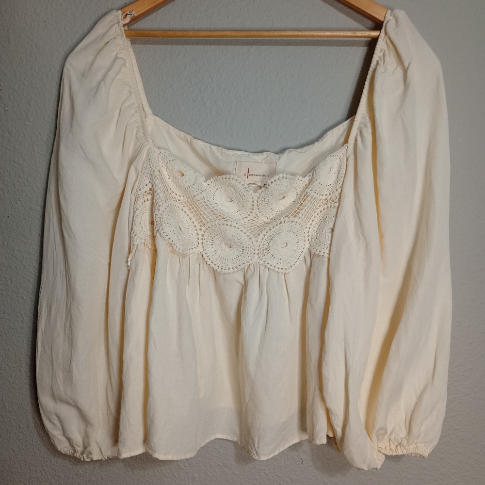 Anthropologie Lace babydoll Top In Cream Linen Blend Cottagecore Prairie - Picture 3 of 11